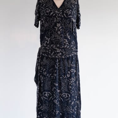 Rare 1920's Beaded Silk Couture Flapper Dress in Midnight Blue / SM