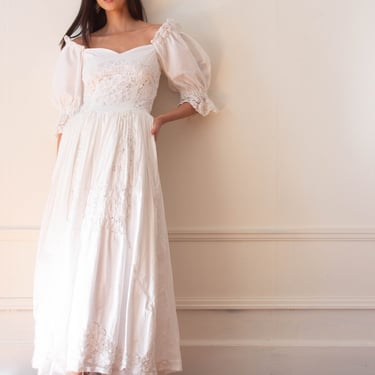 1980s Crisp Cotton Lace Victoriana Puff Sleeve Gown 