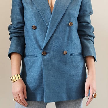Cura Found - Vintage 90's Double Breasted French Blue Silk Linen Blazer