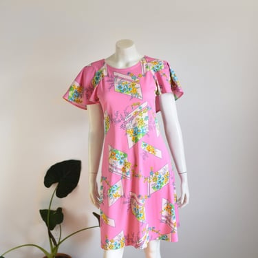 1970s Pink Floral Poly Dress - XS/S 
