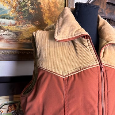 Vintage 1970s Western Puffy Vest Corduroy and Nylon 