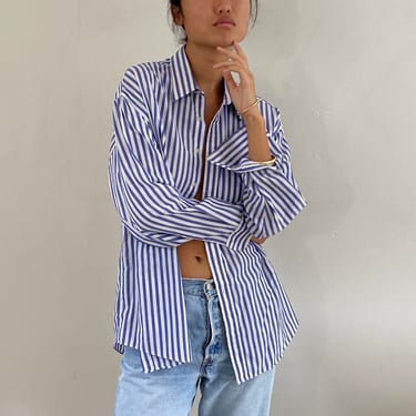 90s cotton striped blouse / vintage blue striped pinstripe cotton lightweight boyfriend blouse shirt | L XL 