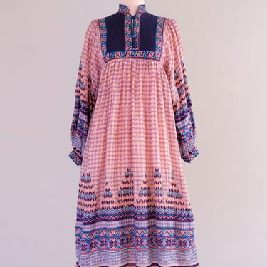 Coolest 1970's Lavender Haze Block Print Cotton Dress / Sz S/M