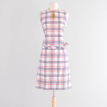 Prim 1960's Red & Blue Checkered Plaid Matching Blouse & Skirt Set / Sz S