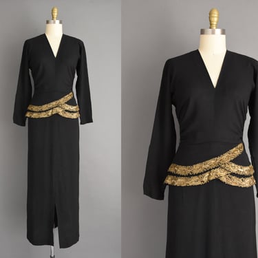 1940s Vintage Dress | Vintage Gold Lame Black Rayon Crepe Full Length Dress | Small 