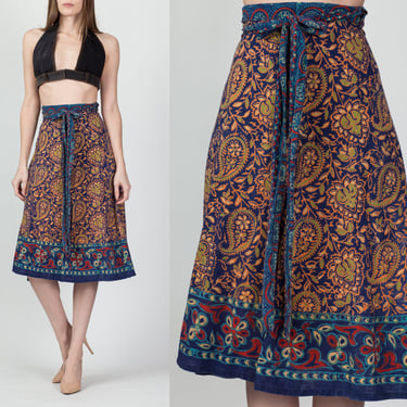70s Boho Indian Block Print Wrap Skirt - XS to Small | Vintage Hippie Batik Cotton A Line Maxi 