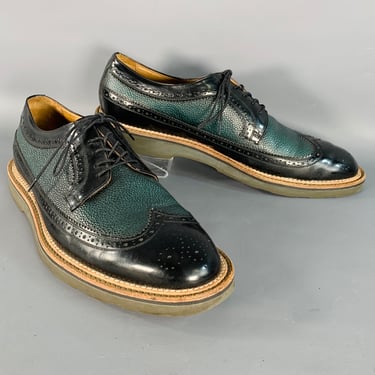 PAUL SMITH Size 10 Black Green Perforated Pebble Grain Leather Wingtip Lace-Up Shoes