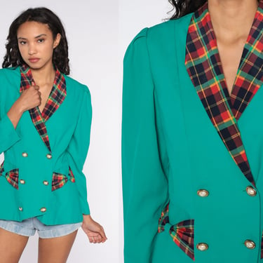 Puff Sleeve Blazer Jacket 80s Green Jacket Plaid Bow Jacket Double Breasted Secretary Vintage 1980s Women Tailored Fitted Medium 