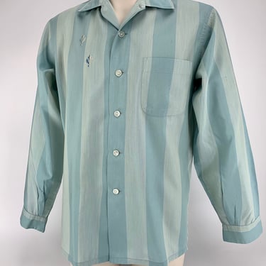 1960's-70's Striped Shirt- PENNEY Label - Poly/Cotton Blend - Embroidery Crest Detail - Men's Size Medium 