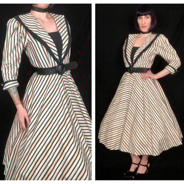 Vintage 1940's Style Rainbow Black White Striped Avant Garde Fit and Flare Dress w/ Dramatic Collar and Puff Sleeves by Foxy Lady - Medium 