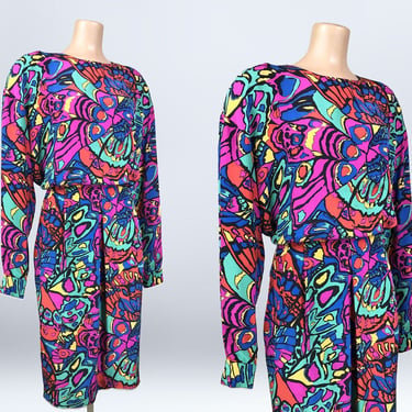 Vintage 80s Butterfly Wing Print Silk Vivid Colorful Dress By Jacqueline Ferrar Sz 16 | 1980s New Wave Bold Statement Dress Pockets | VFG 