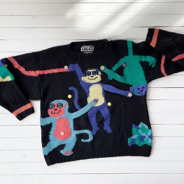 Berek wool sweater 80s 90s vintage black wool monkey banana novelty hand knit sweater 