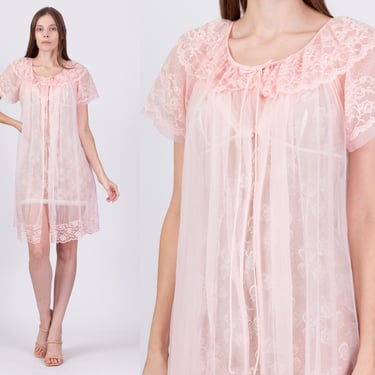 60s Sheer Pink Puff Sleeve Peignoir - Small | Vintage Miss Elaine Lace Trim Retro Loungewear Robe 