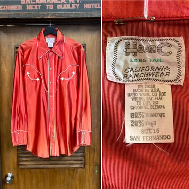 Vintage 1960’s -Deadstock- “H Bar C” Red Western Cowboy Acetate Rockabilly Shirt, Size Large, Glam, Mod, Rock n Roll, 60’s Vintage Clothing 