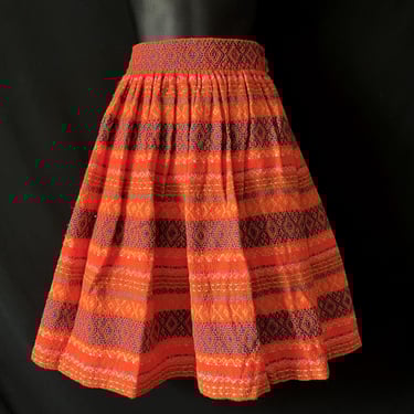 orange folklore skirt vintage 60s ethnic textile fit and flare small 