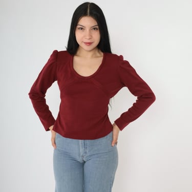 Vintage 70s Puff Sleeve Top Burgundy Shirt Scoop Neck Blouse Retro Plain Blank Basic Seventies Minimal 1970s Small Medium 