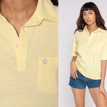 80s Polo Shirt Yellow Munsingwear Shirt Polo Shirt Half Button Up Tshirt 1980s Retro Vintage Tee Penguin Medium 