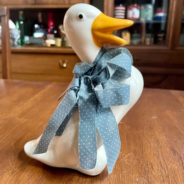 Vintage 1980s Ceramic White Goose Duck Figurine with Blue and White Polka Dot Bow | Farmhouse, French Country Kitchen Happy 