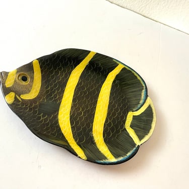 Vintage 1980s Resin Tropical Angel Fish Candy Dish Black + Yellow 