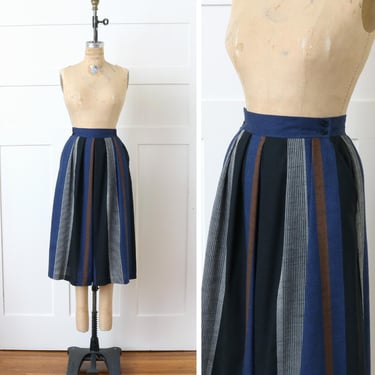 vintage 1980s wide leg pants • blue striped culotte trousers with nipped button waist 