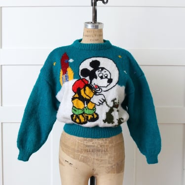 vintage Mickey Mouse astronaut sweater • chunky hand knit 1990s Y2K outer space alien pullover 