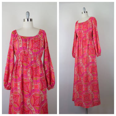 Vintage 1970s barkcloth maxi dress, paisley, neon, dayglo, mod, hippy, boho 