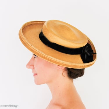 1930s-1940s Straw Saucer Hat | 40s Tightly Woven Straw Hat | 30s Flat Woven Hat 