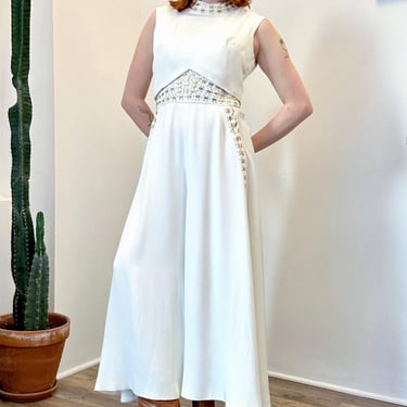 Vintage 1970s Jumpsuit / 70s Studded Wide Leg Jumpsuit / White Gold ( S M ) 