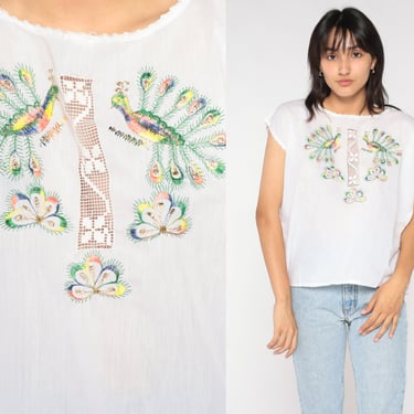 Peacock Top 90s White Embroidered Blouse Colorful Metallic Glitter Cut Out Lace Shirt Cutout Summer Cap Sleeve Bird Vintage 1990s Medium M 