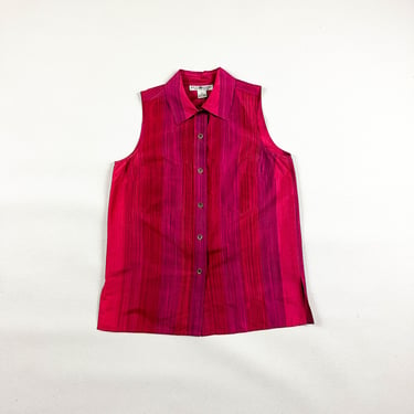 y2k / 1990s Raw Silk Pink Gradient Button Down Sleeveless Shirt / Real Clothes / Saks Fifth Ave / Iridescent / Color Shift / Medium / Purple 