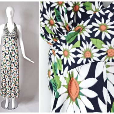 vtg 1970s blue and white daisy floral print halter maxi dress | 1970s | bold flower print floor length dress | summer spring disco long gown 
