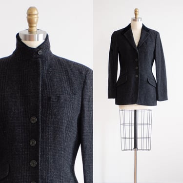 black plaid wool jacket 90s vintage Ralph Lauren charcoal gray dark academia equestrian preppy high collar jacket 