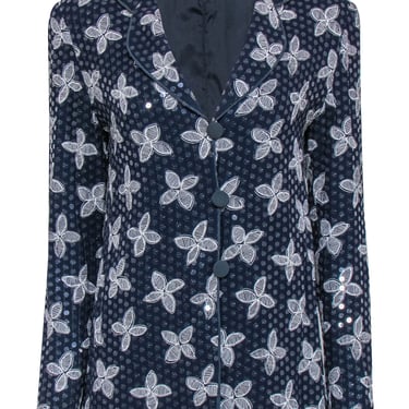 Giorgio Armani - Navy w/ Cream Floral Print & Transparent Sequins Blazer Sz 6