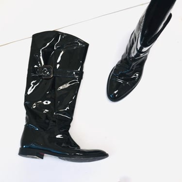 90s 2000s Black Patent Leather Knee High Boots 39 8 8 1/2 Sergio Rossi Made in Italy// Vintage Black Patent leather Knee High Flat boots 