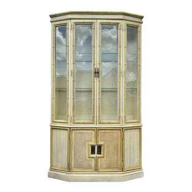 Faux Bamboo China Cabinet by Stanley - Vintage Yellow Lighted Hollywood Regency Coastal Illuminated Rattan Cane Angled Glass Display Case 