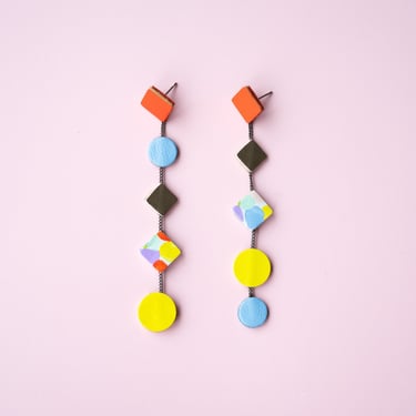 Cascading Shapes Long Earrings in Rainbow - made w/ Reclaimed Leather 