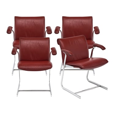 Set of Red Leather and Chrome Armchairs