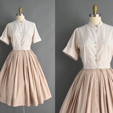 vintage 1950s Dress | Classic Beige Cotton Shirtwaist Dress | Medium 