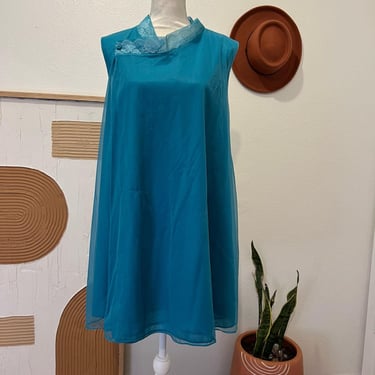Vintage 1970s Mod Jer Marai Teal Blue Sheer Lace Trim Sleeveless Wrap Slip Dress 