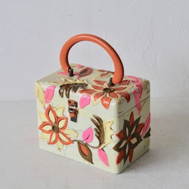 Vintage 1970 Lady London, NYC Handmade Psychedelic Painted Flower Detail Box Purse Handbag 