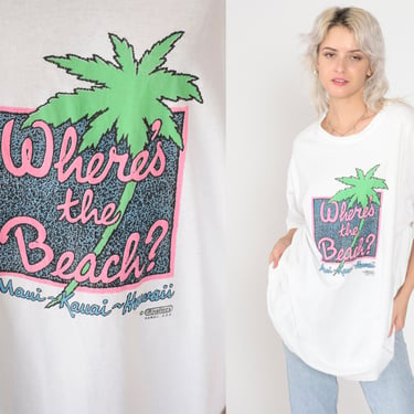 Where's The Beach Shirt 90s Hawii T-Shirt Maui Kuaui TShirt Palm Tree Graphic Tee Surfer Single Stitch White Vintage 1990s Extra Large xl 
