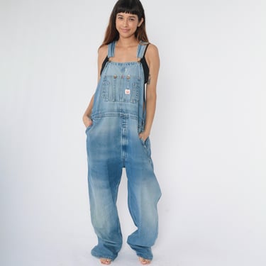 Vintage Round House Overalls 90s Distressed Denim Carpenter Jean Dungaree Pants Faded Baggy 1990s Bib Utility Workwear Men's Extra Large xl 