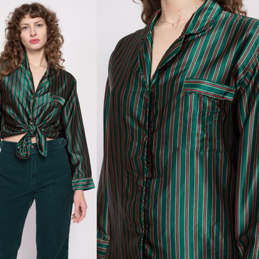 Vintage Victoria's Secret Green Striped Satin Pajama Top - Small | 80s 90s Collared Long Sleeve Sleep Shirt 