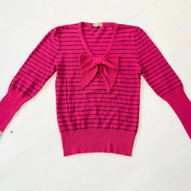 1970s Sonia Rykiel Hot Pink Striped Bow Sweater 