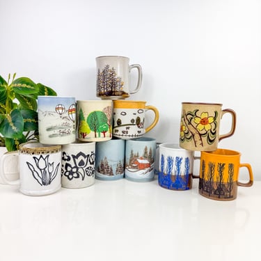 Vintage Stoneware Mugs Hand Painted, sold Individually:  Otagiri Made In Japan, Nature Mugs, Floral Mugs, Speckled Stoneware Hot Air Balloon 