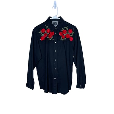 Vintage Valencia Women's Black Embroidered Red Rose Pearl Snap Western Shirt 