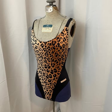80s Sasson Leopard Print leotard bathing suit beach workout aerobics M 