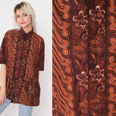 90s Batik Shirt Brown Abstract Floral Swirl Button Up Shirt Geometric Hippie Bohemian Retro Collared Short Sleeve Vintage 1990s Large 