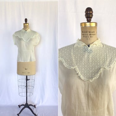 Vintage 30s blouse | Vintage ivory cotton eyelet top | 1930s anglaise broderie blouse 