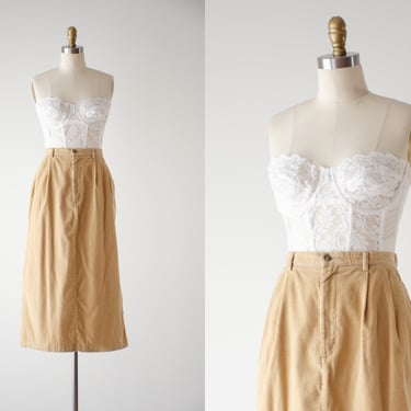tan corduroy skirt | 90s vintage Land's End beige light brown dark academia soft cotton long pencil midi skirt 